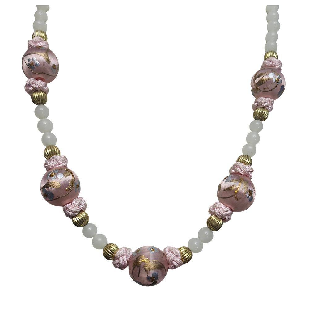 Vtg Hand Painted Spun Silk Glass Knot Necklace
